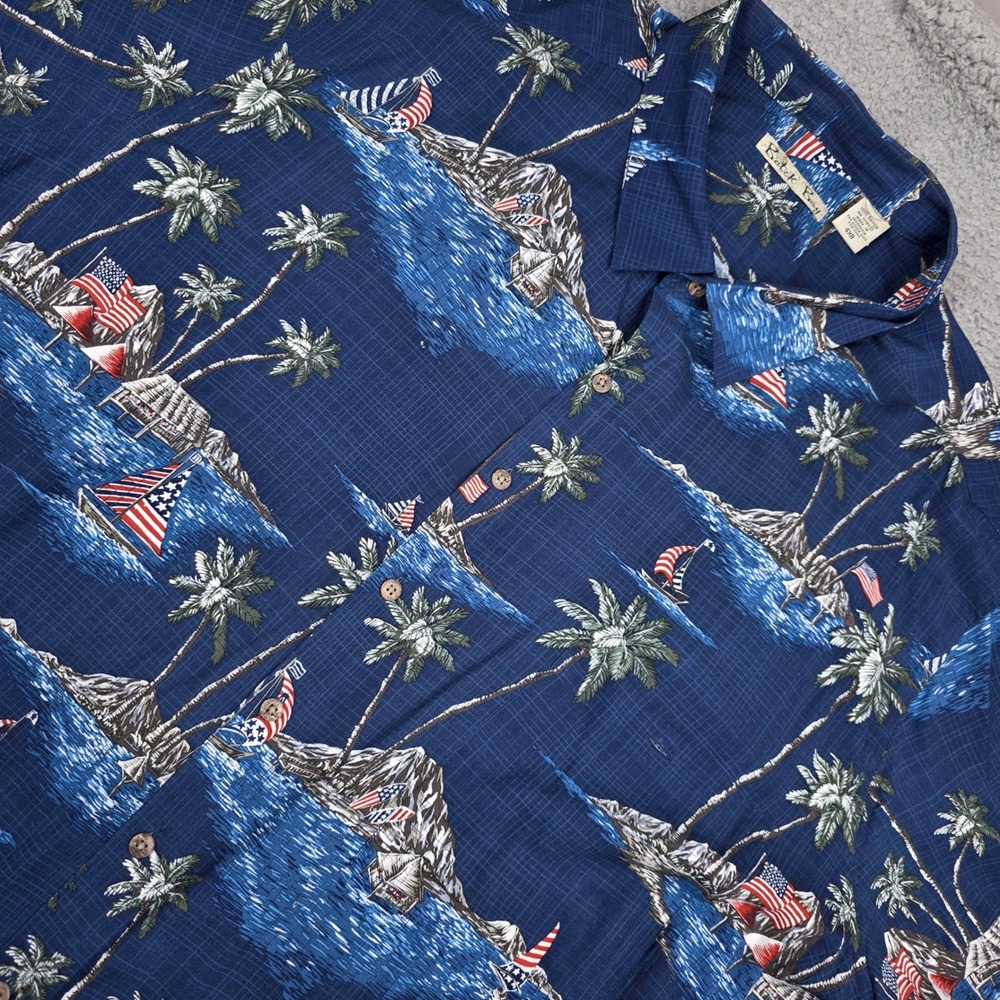 Batik Bay Button Down Shirt Mens 4XB Blue Tropical American Flag Rayon Camp
